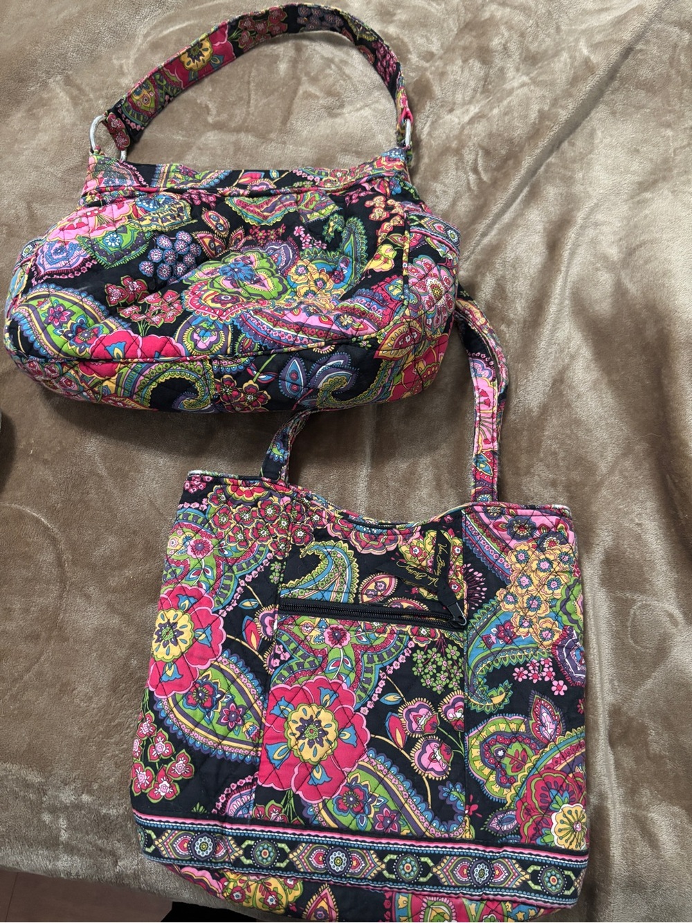 Vera Bradley Black Quilted Shoulder Bags with Pink, Green & Yellow Paisley